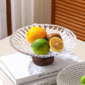 Textured Glass Fruit Bowl with Wooden Pedestal Base - view 4
