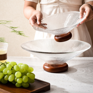 Textured Glass Fruit Bowl with Wooden Pedestal Base - view 6
