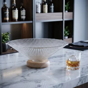 Textured Glass Fruit Bowl with Wooden Pedestal Base - view 1