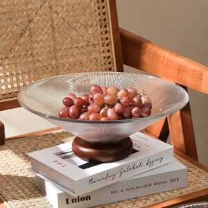 Textured Glass Fruit Bowl with Wooden Pedestal Base - view 2