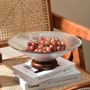 Textured Glass Fruit Bowl with Wooden Pedestal Base - view 2
