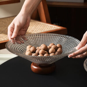 Textured Glass Fruit Bowl with Wooden Pedestal Base - view 3