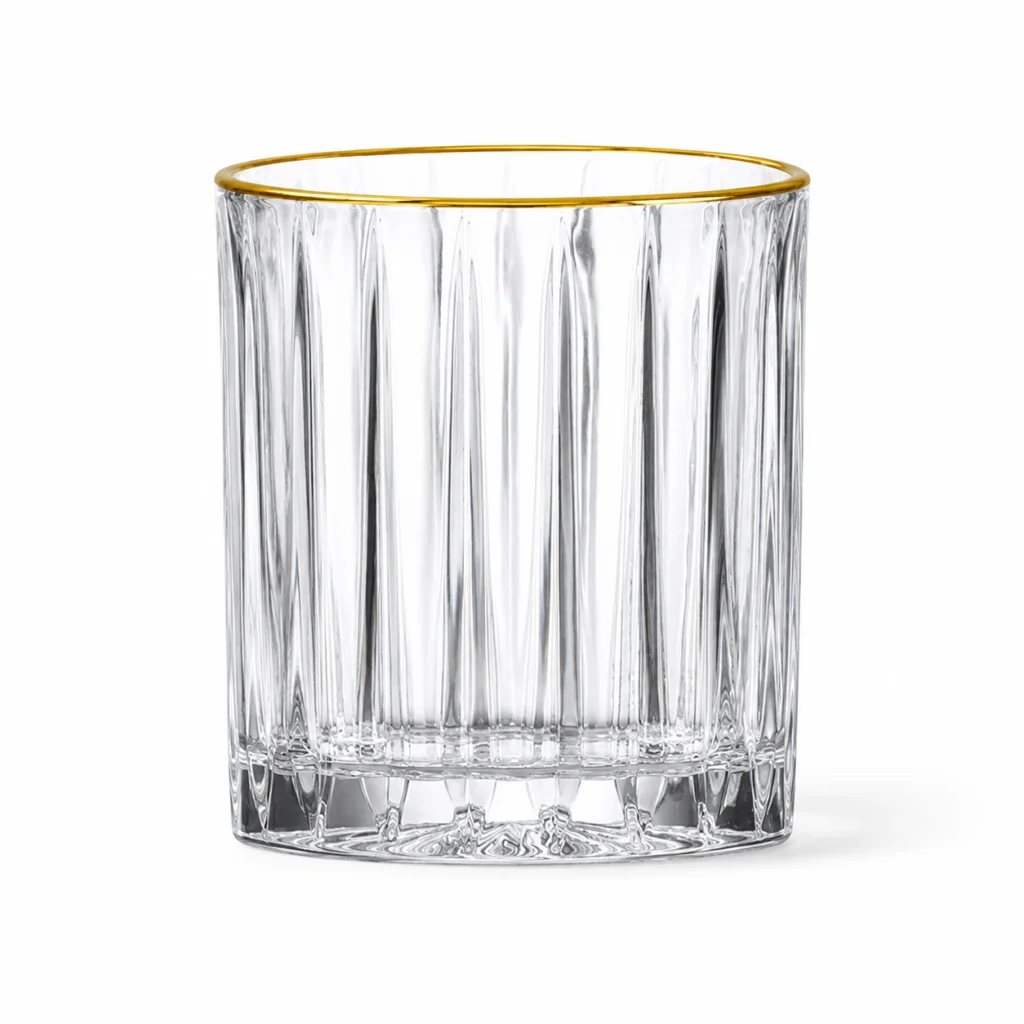 350ml Gold Rim Ribbed Whiskey Glass – Heavy Base Tumbler for Wholesale - view 1