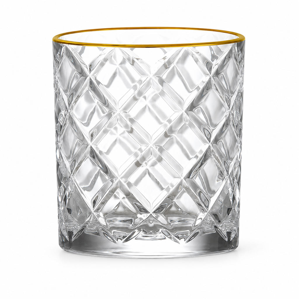 350ml Gold Rim Diamond-Cut Whiskey Glass – Heavy Base Tumbler for Wholesale - view 1