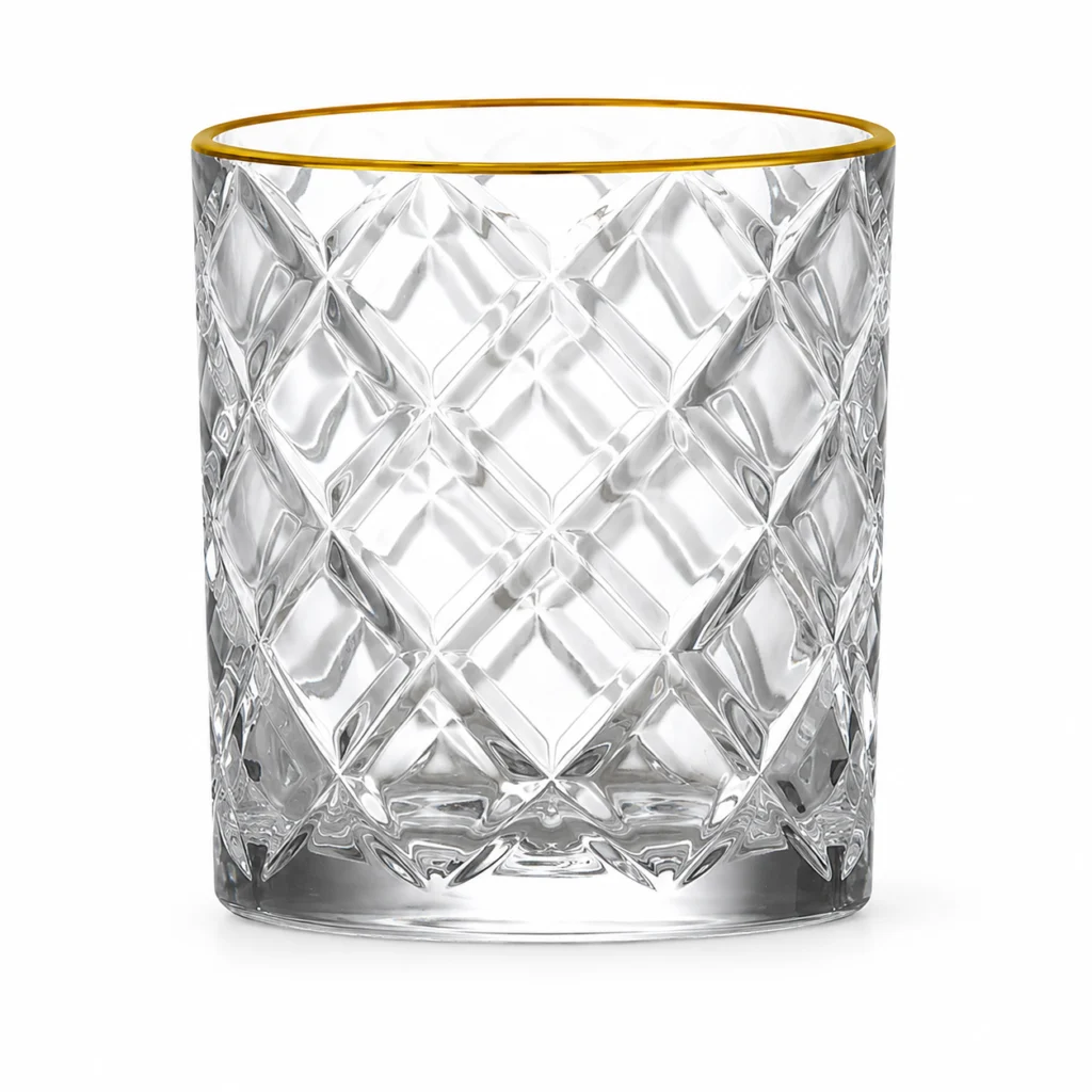 350ml Gold Rim Diamond-Cut Whiskey Glass – Heavy Base Tumbler for Wholesale - view 1