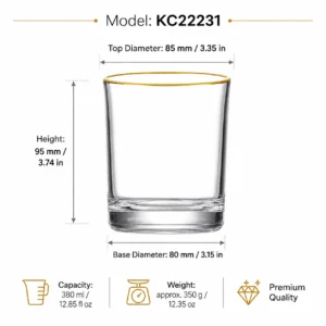 380ml Gold Rim Whiskey Glass – Clear Heavy Base Rocks Tumbler for Wholesale - view 4