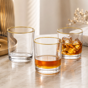 380ml Gold Rim Whiskey Glass – Clear Heavy Base Rocks Tumbler for Wholesale - view 7