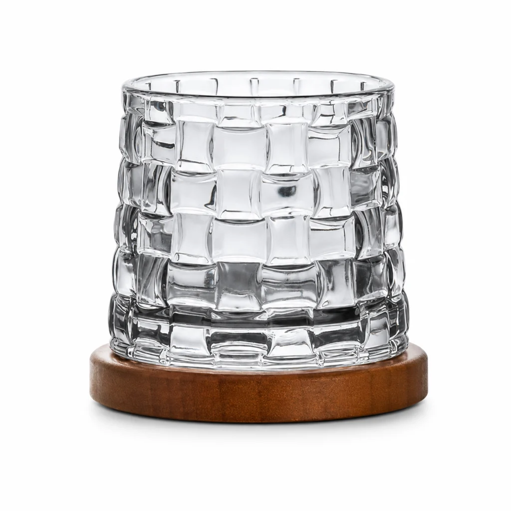 270ml Rotating Whiskey Glass with Wooden Base – 6 Textured Styles for Wholesale - view 1