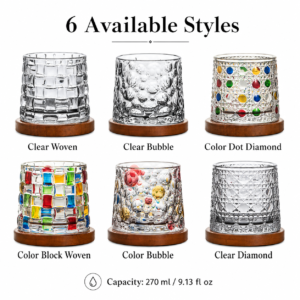 270ml Rotating Whiskey Glass with Wooden Base – 6 Textured Styles for Wholesale - view 3