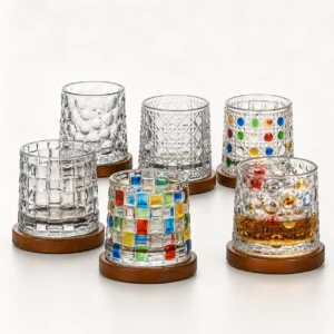 270ml Rotating Whiskey Glass with Wooden Base – 6 Textured Styles for Wholesale - view 7