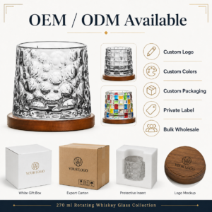 270ml Rotating Whiskey Glass with Wooden Base – 6 Textured Styles for Wholesale - view 8
