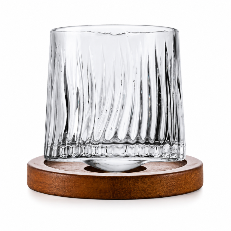 270ml Spinning Whiskey Glass with Wooden Base – 6 Textured Styles for Wholesale - view 1