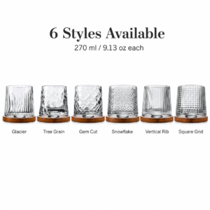 270ml Spinning Whiskey Glass with Wooden Base – 6 Textured Styles for Wholesale - view 3