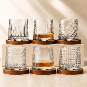270ml Spinning Whiskey Glass with Wooden Base – 6 Textured Styles for Wholesale - view 7