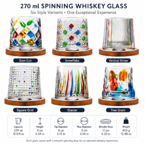 270ml Hand-Painted Spinning Whiskey Glass with Wooden Base – 6 Colorful Styles for Wholesale - view 3