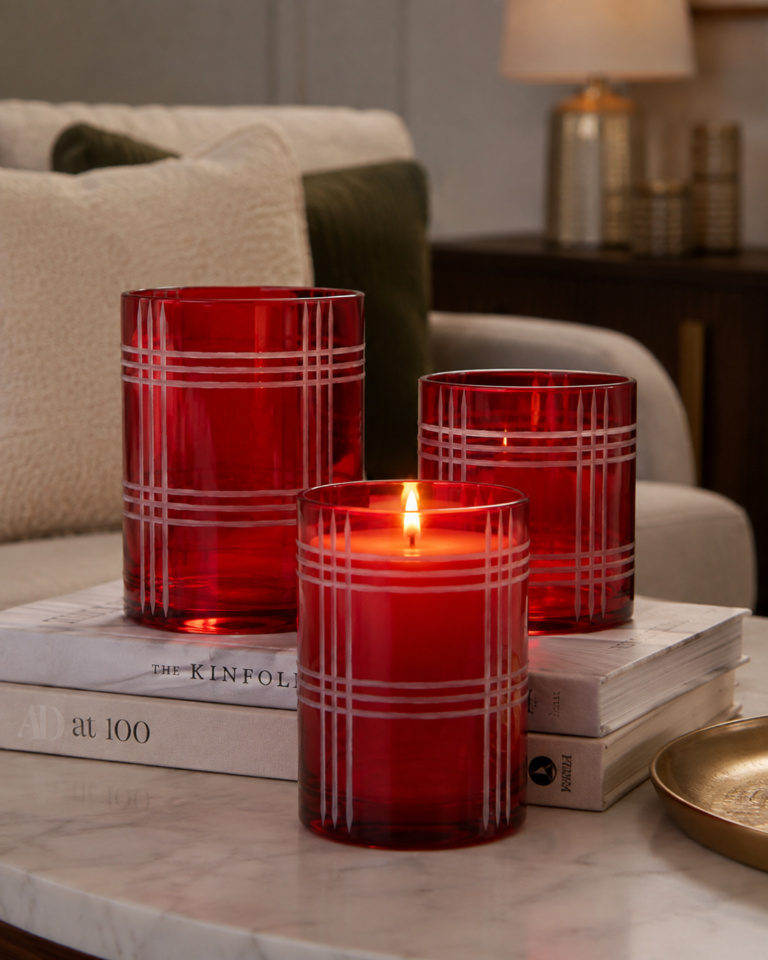 Crimson Plaid Glass Candle Jar - view 1