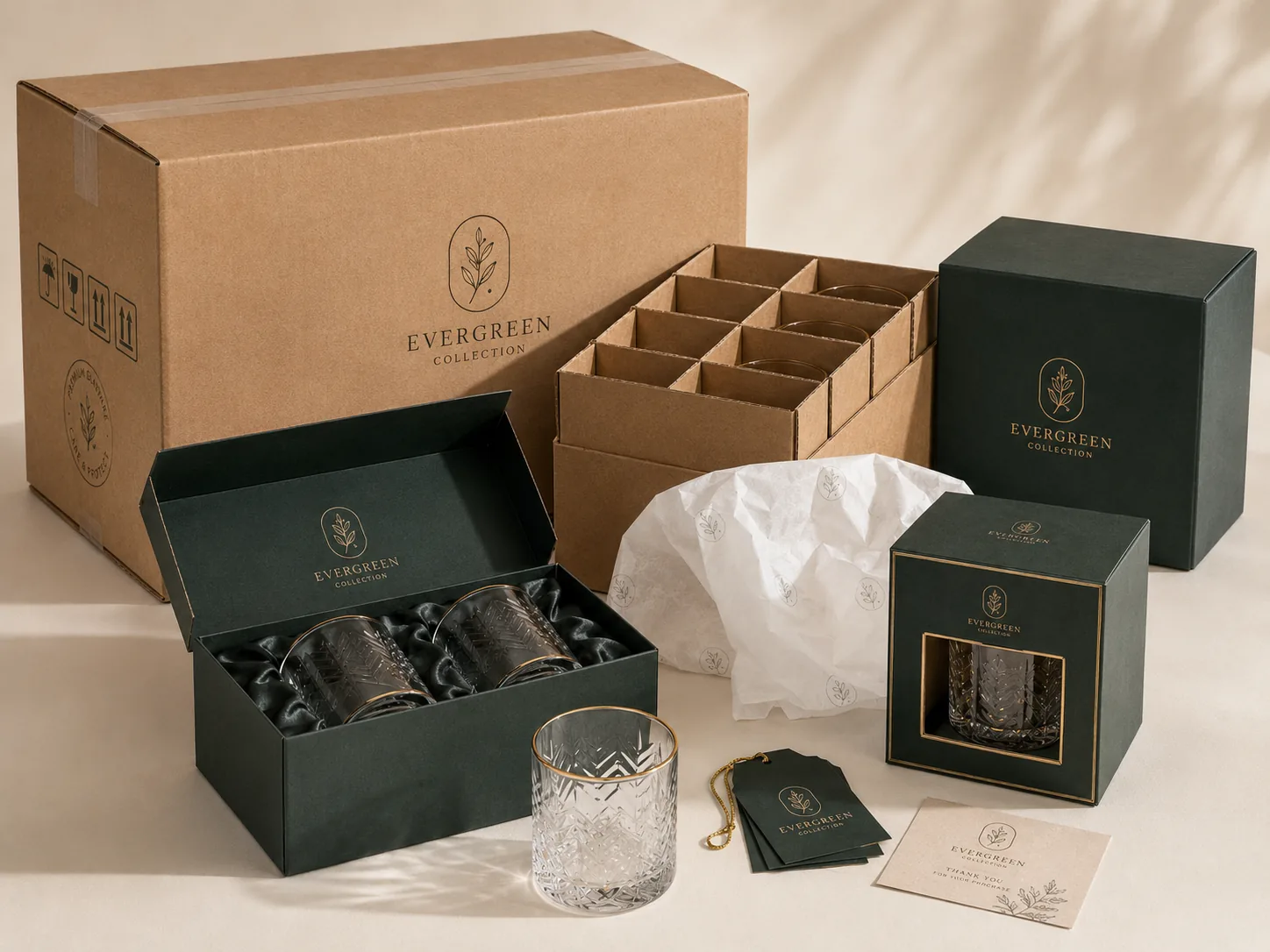Custom glassware packaging options including export cartons, protective dividers, retail gift boxes and private label packaging