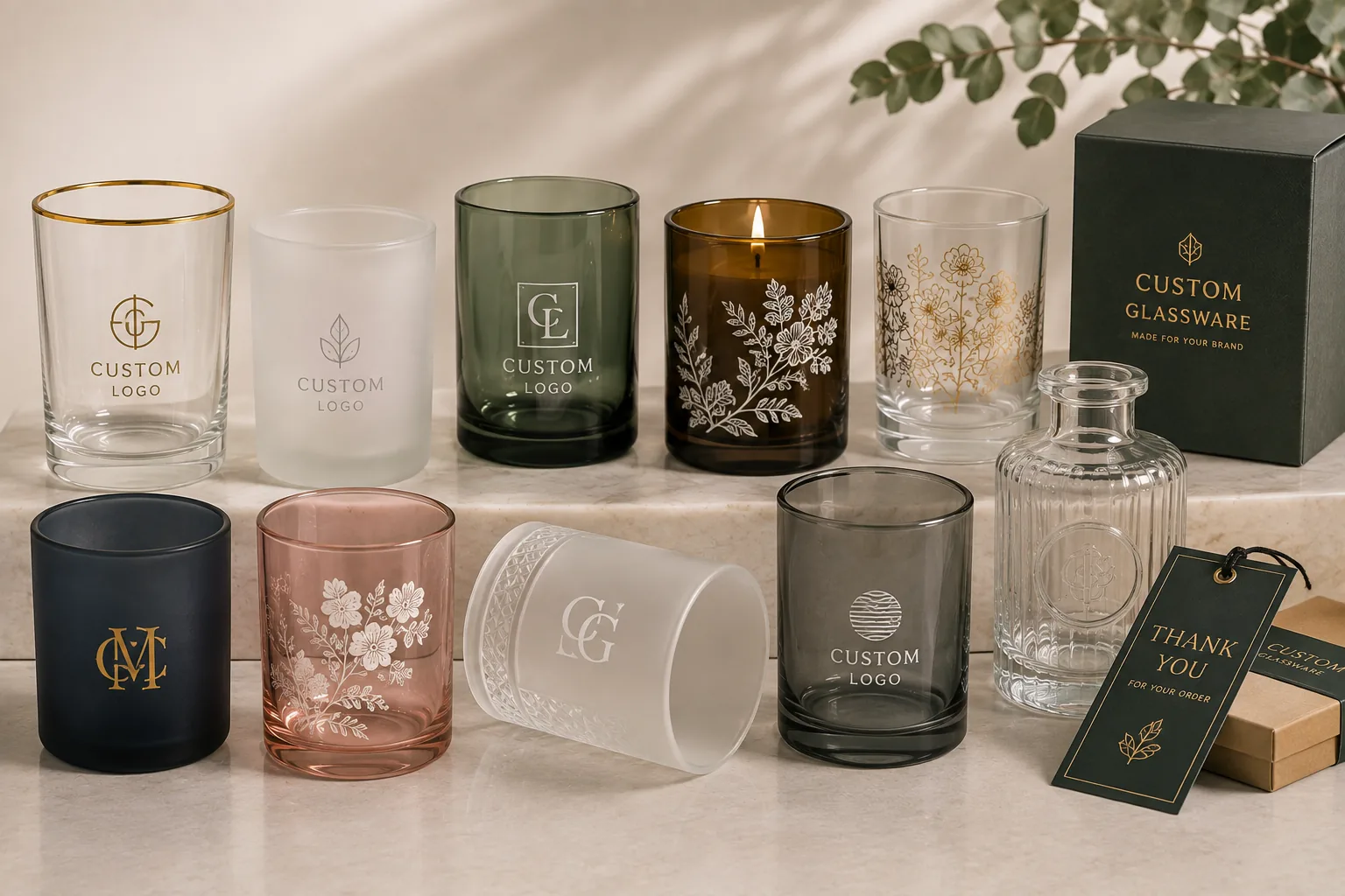 Custom glassware decoration and branding options including logo printing, frosting, color finishes, engraving and private label packaging