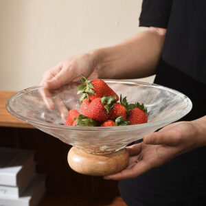 Textured Glass Fruit Bowl with Wooden Pedestal Base - view 5