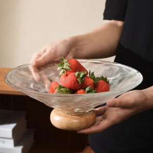 Textured Glass Fruit Bowl with Wooden Pedestal Base - view 5