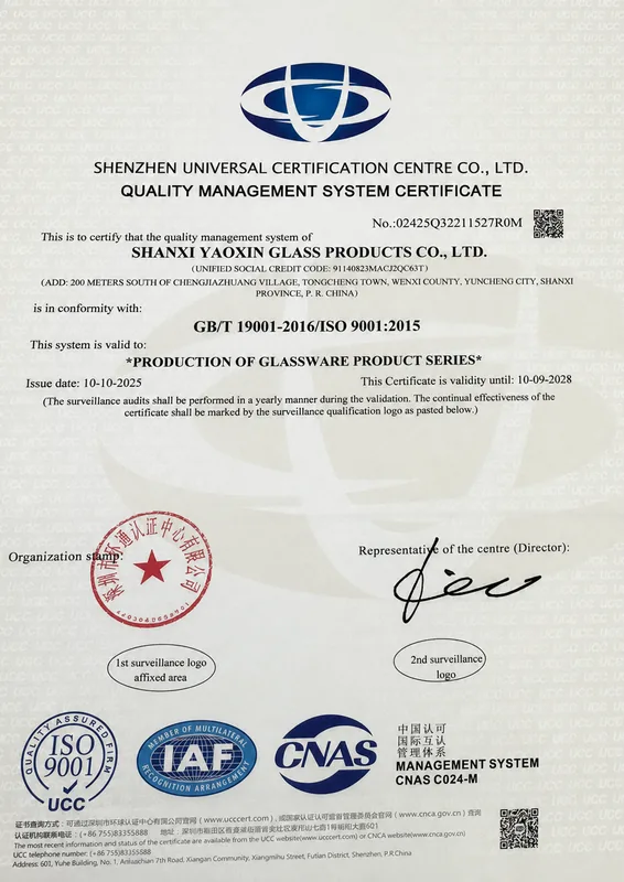 ISO 9001:2015 quality management system certificate for glassware production